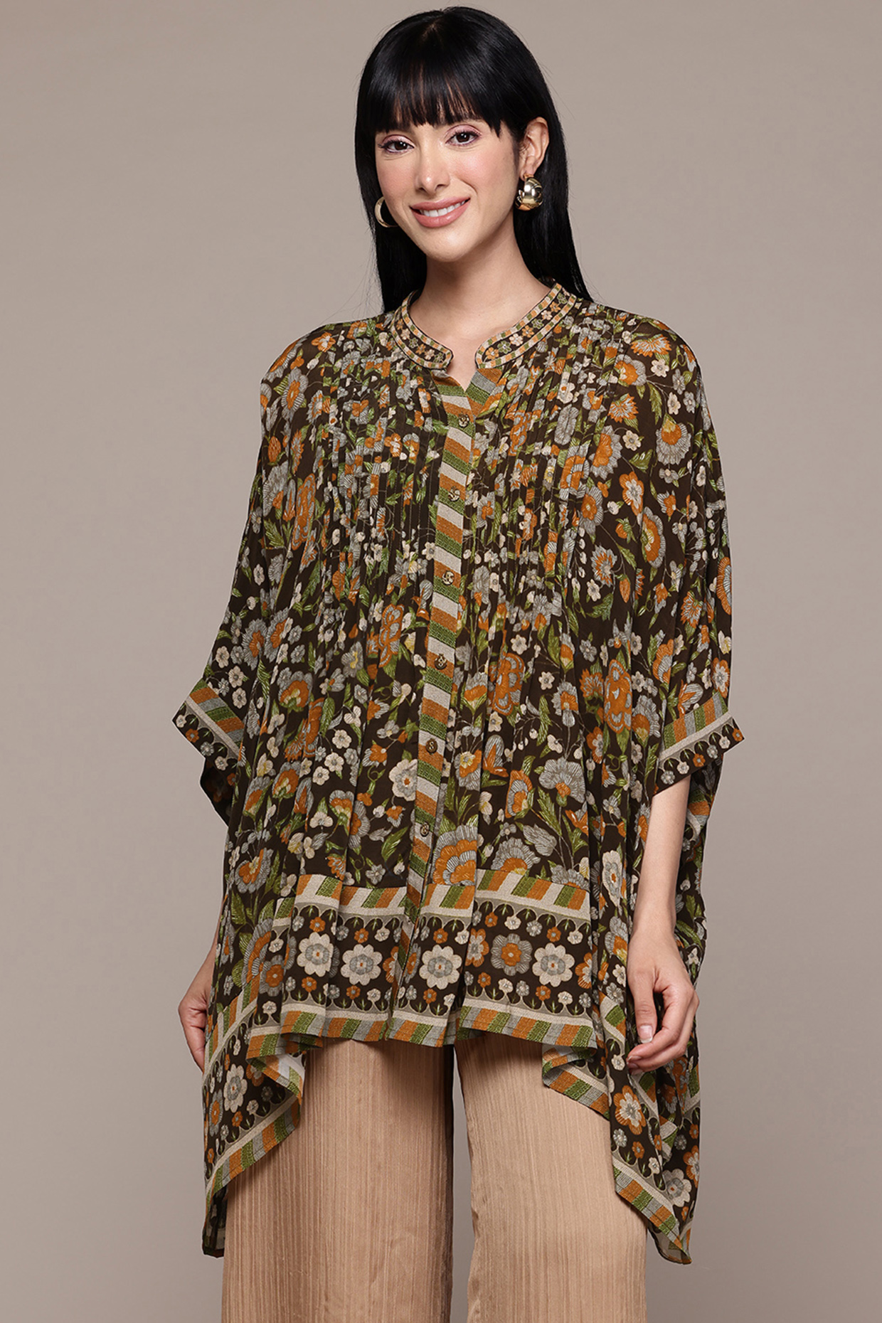 Brown Viscose Crepe Screen Printed Kurta by Ritu Kumar at Pernia's Pop Up Shop