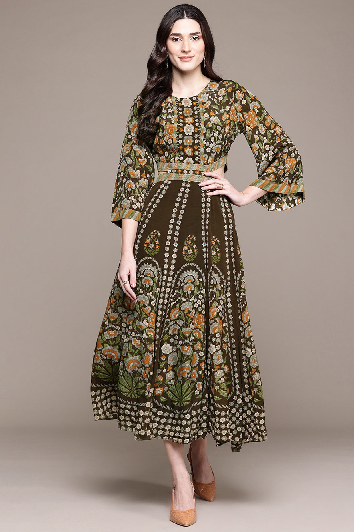 Brown Viscose Crepe Screen Printed A-Line Maxi Summer Dress by Ritu Kumar at Pernia's Pop Up Shop