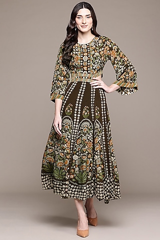 Brown Viscose Crepe Screen Printed A-Line Maxi Dress by Ritu Kumar