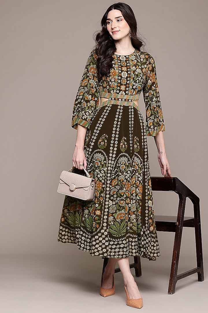 Brown Viscose Crepe Screen Printed A-Line Maxi Summer Dress by Ritu Kumar at Pernia's Pop Up Shop