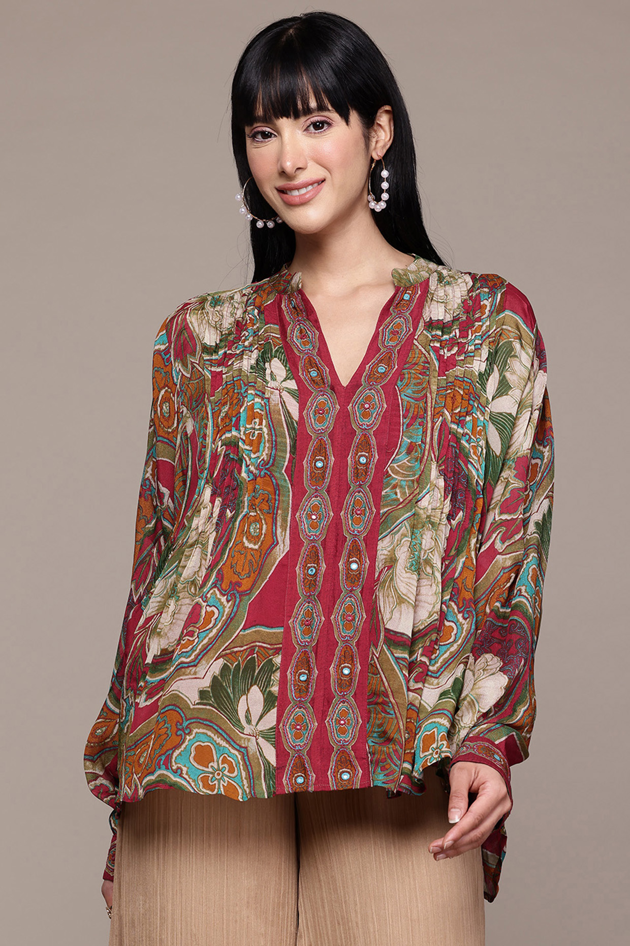 Red Viscose Chiffon Screen Printed Kurta by Ritu Kumar at Pernia's Pop Up Shop