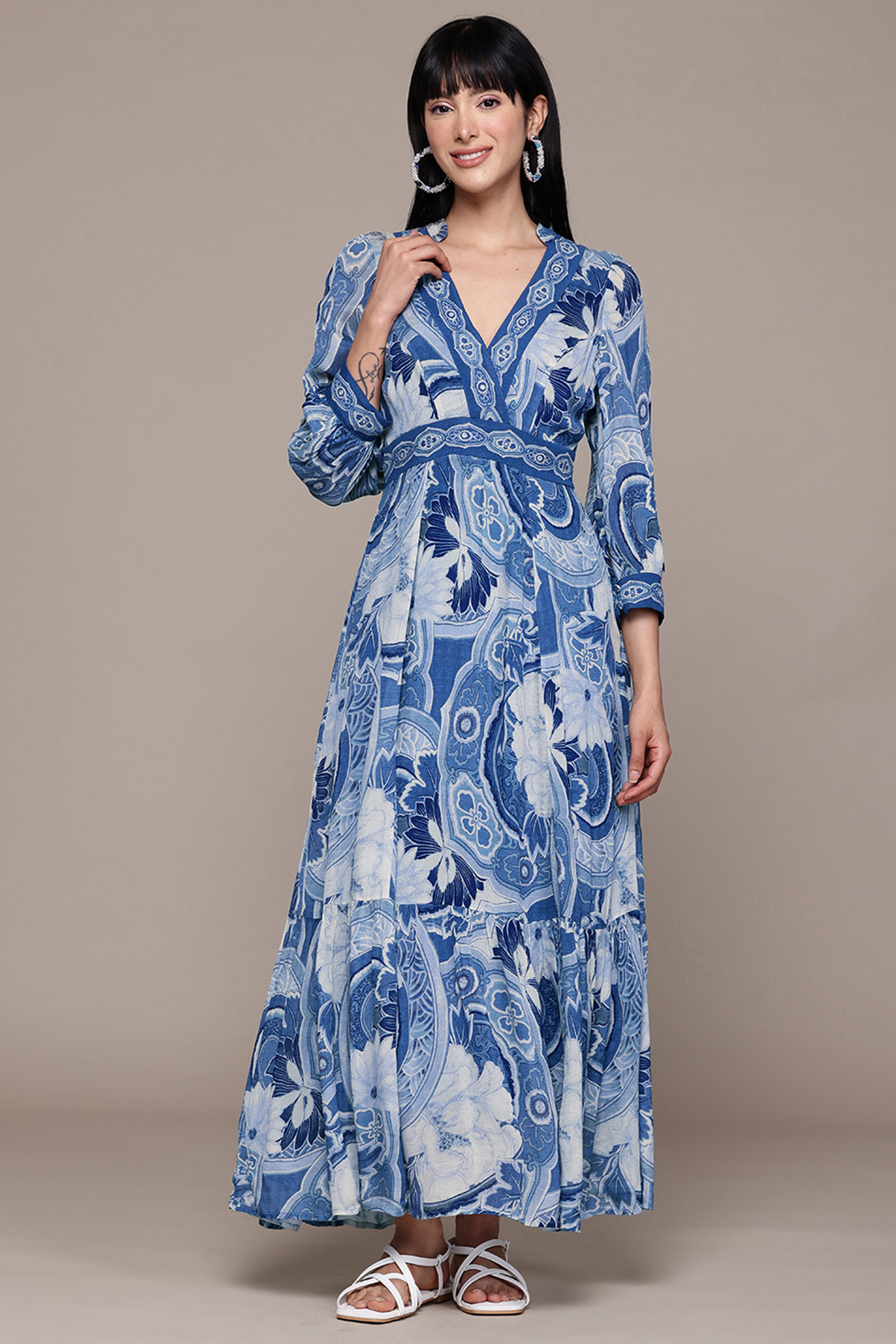 Blue Viscose Chiffon Screen Printed Maxi Summer Dress by Ritu Kumar at Pernia's Pop Up Shop