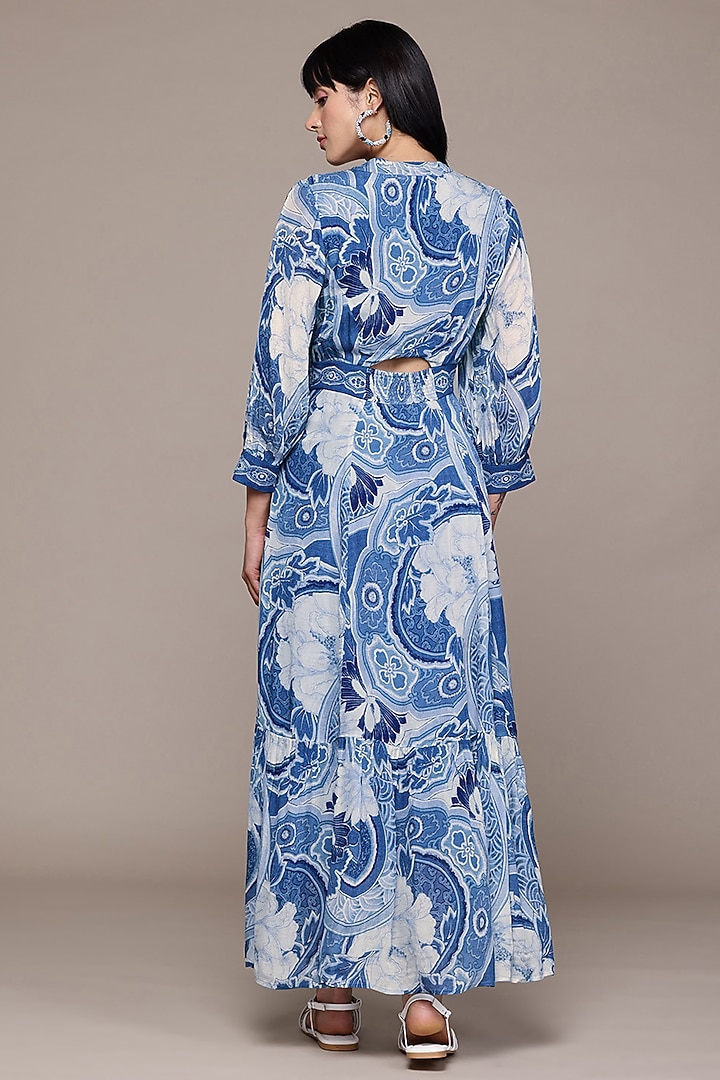 Blue Viscose Chiffon Screen Printed Maxi Summer Dress by Ritu Kumar at Pernia's Pop Up Shop