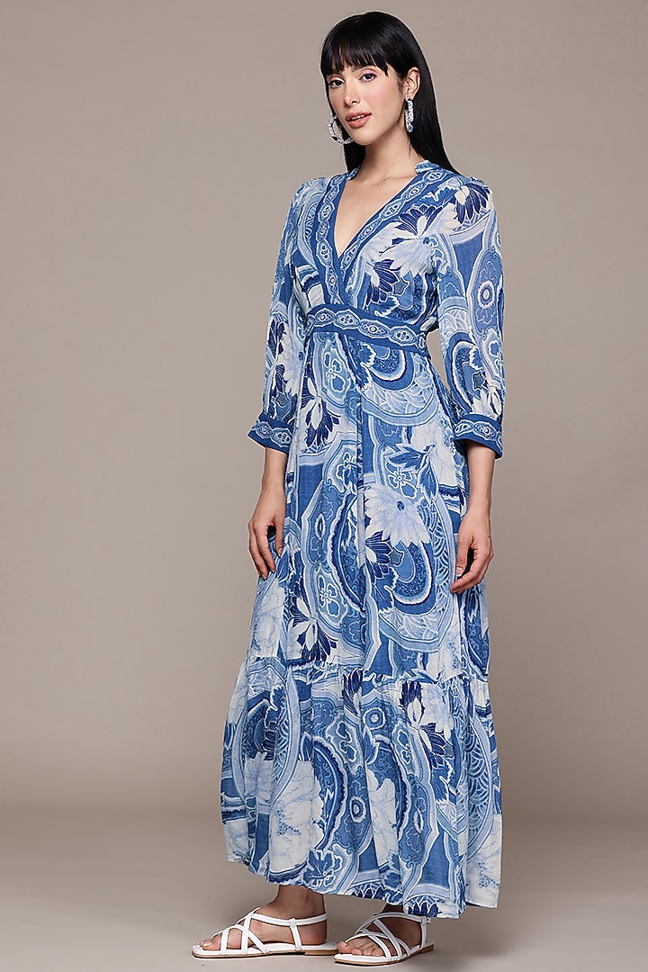 Blue Viscose Chiffon Screen Printed Maxi Summer Dress by Ritu Kumar at Pernia's Pop Up Shop