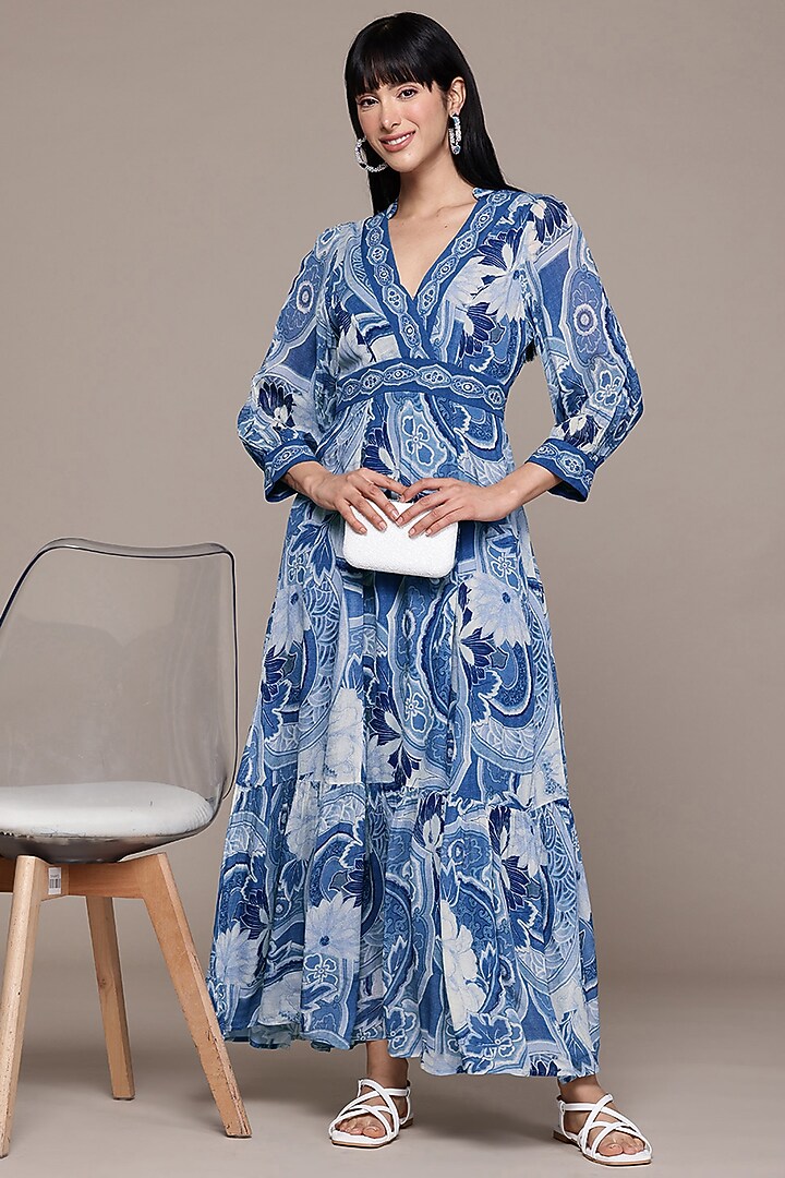 Blue Viscose Chiffon Screen Printed Maxi Summer Dress by Ritu Kumar at Pernia's Pop Up Shop
