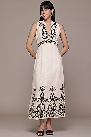 Ecru Cotton Slub A-Line Maxi Dress by Ritu Kumar