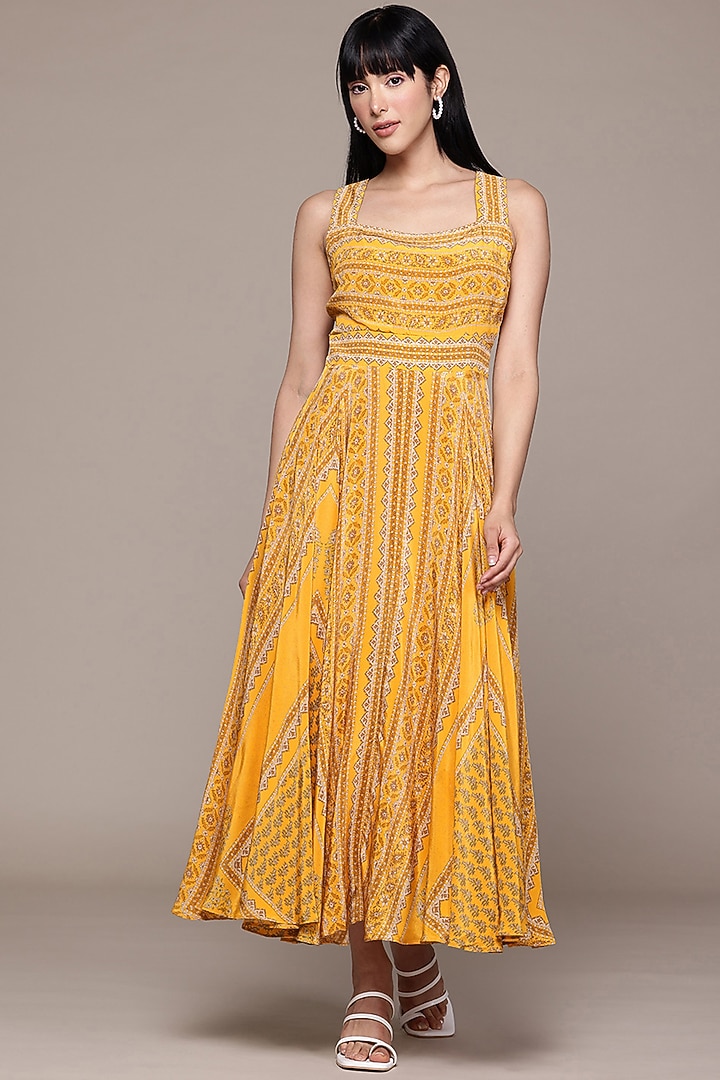 Yellow Viscose Crepe Digital Printed Maxi Summer Dress by Ritu Kumar at Pernia's Pop Up Shop