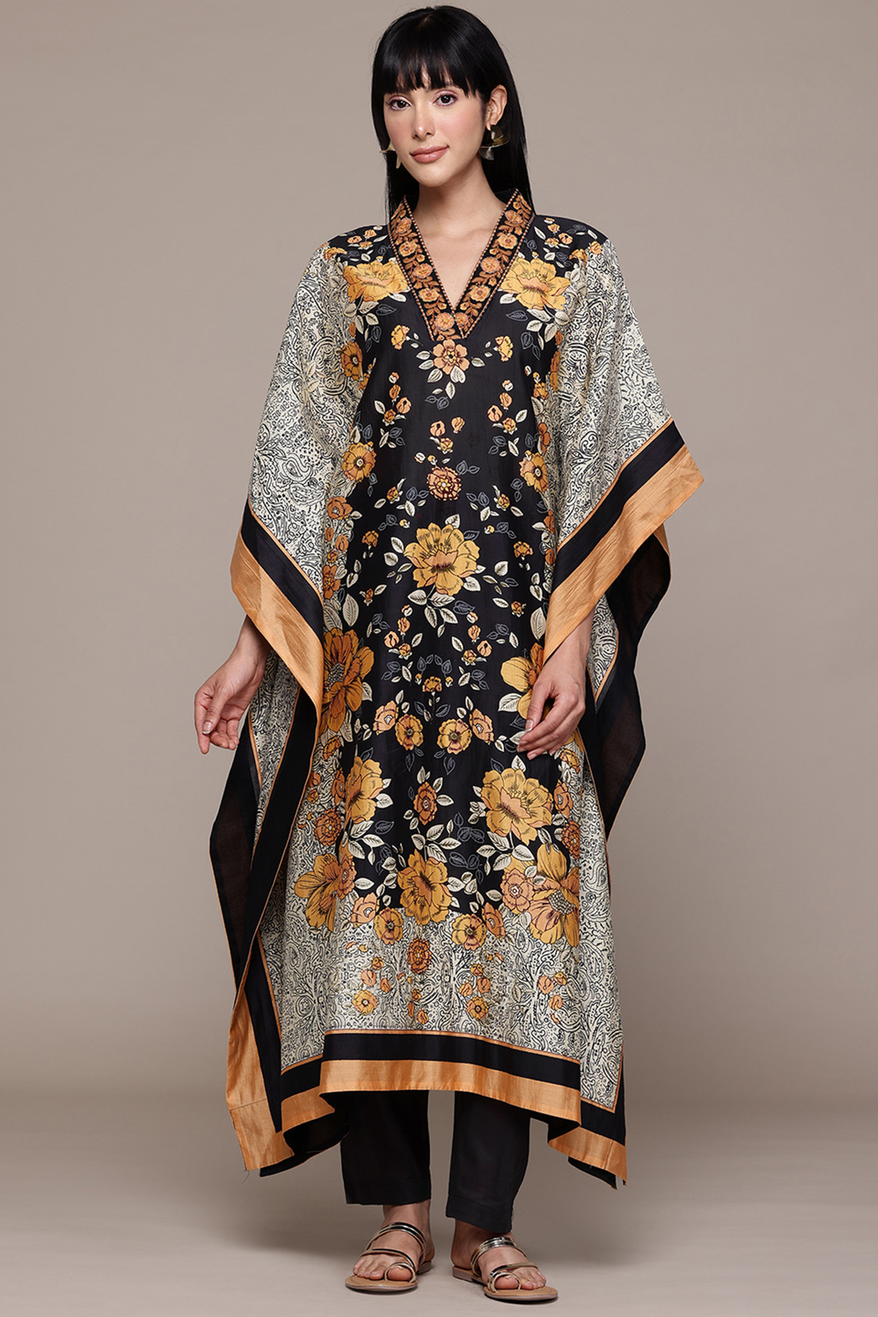 Black Cotton & Silk Digital Printed Kaftan Set by Ritu Kumar at Pernia's Pop Up Shop