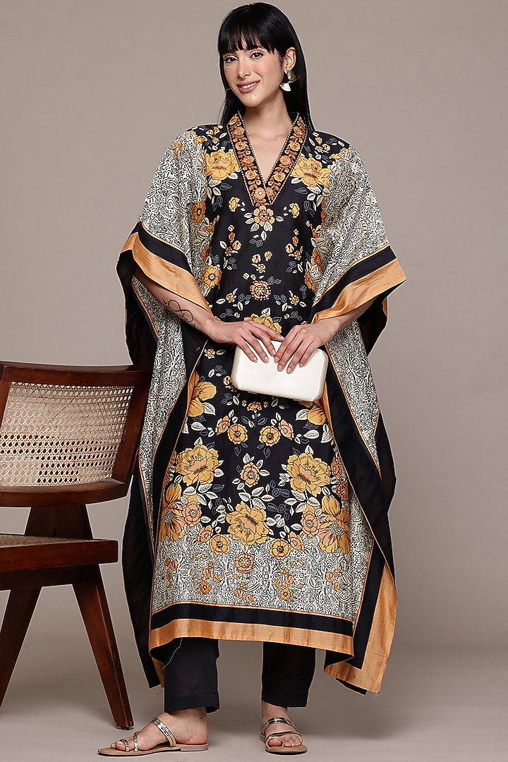 Black Cotton & Silk Digital Printed Kaftan Set by Ritu Kumar at Pernia's Pop Up Shop