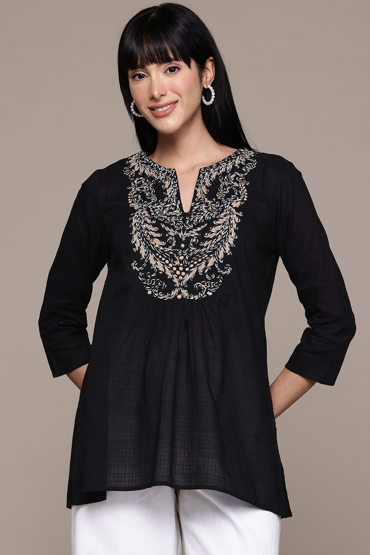 Black Cotton Dobby Kurta by Ritu Kumar at Pernia's Pop Up Shop