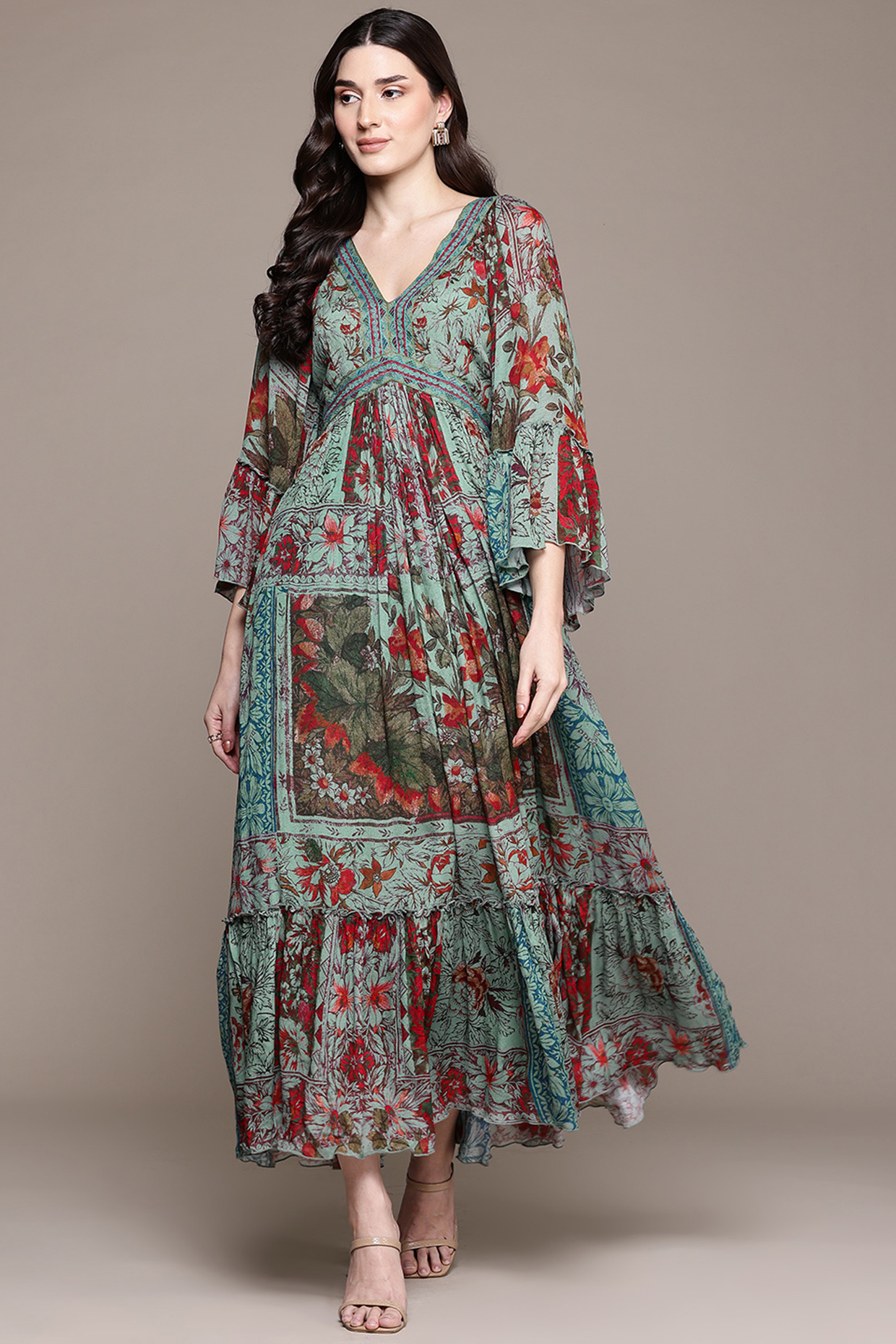 Teal Viscose Chiffon Digital Printed Maxi Vacation Dress by Ritu Kumar at Pernia's Pop Up Shop