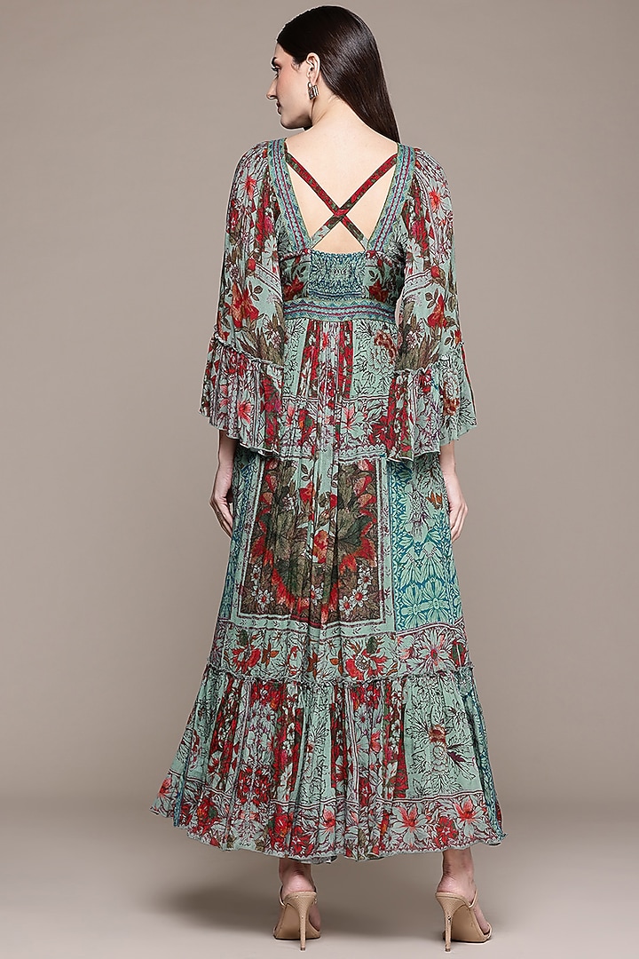 Teal Viscose Chiffon Digital Printed Maxi Vacation Dress by Ritu Kumar at Pernia's Pop Up Shop