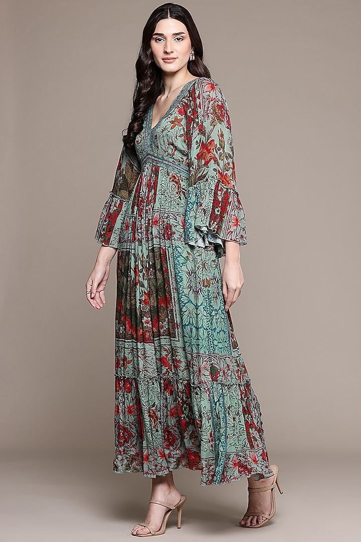 Teal Viscose Chiffon Digital Printed Maxi Vacation Dress by Ritu Kumar at Pernia's Pop Up Shop