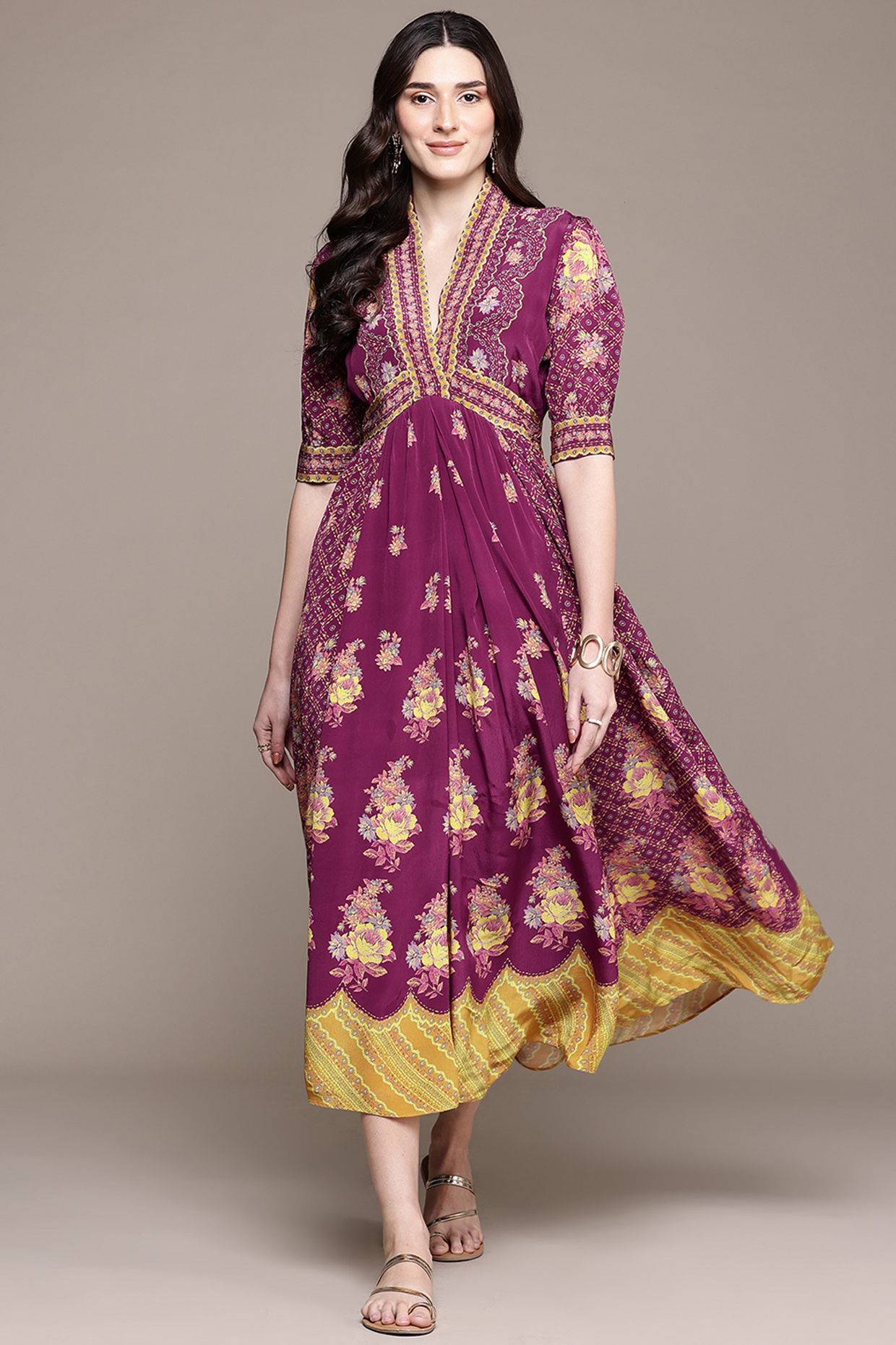 Purple Viscose Chiffon Digital Printed Maxi Summer Dress by Ritu Kumar at Pernia's Pop Up Shop