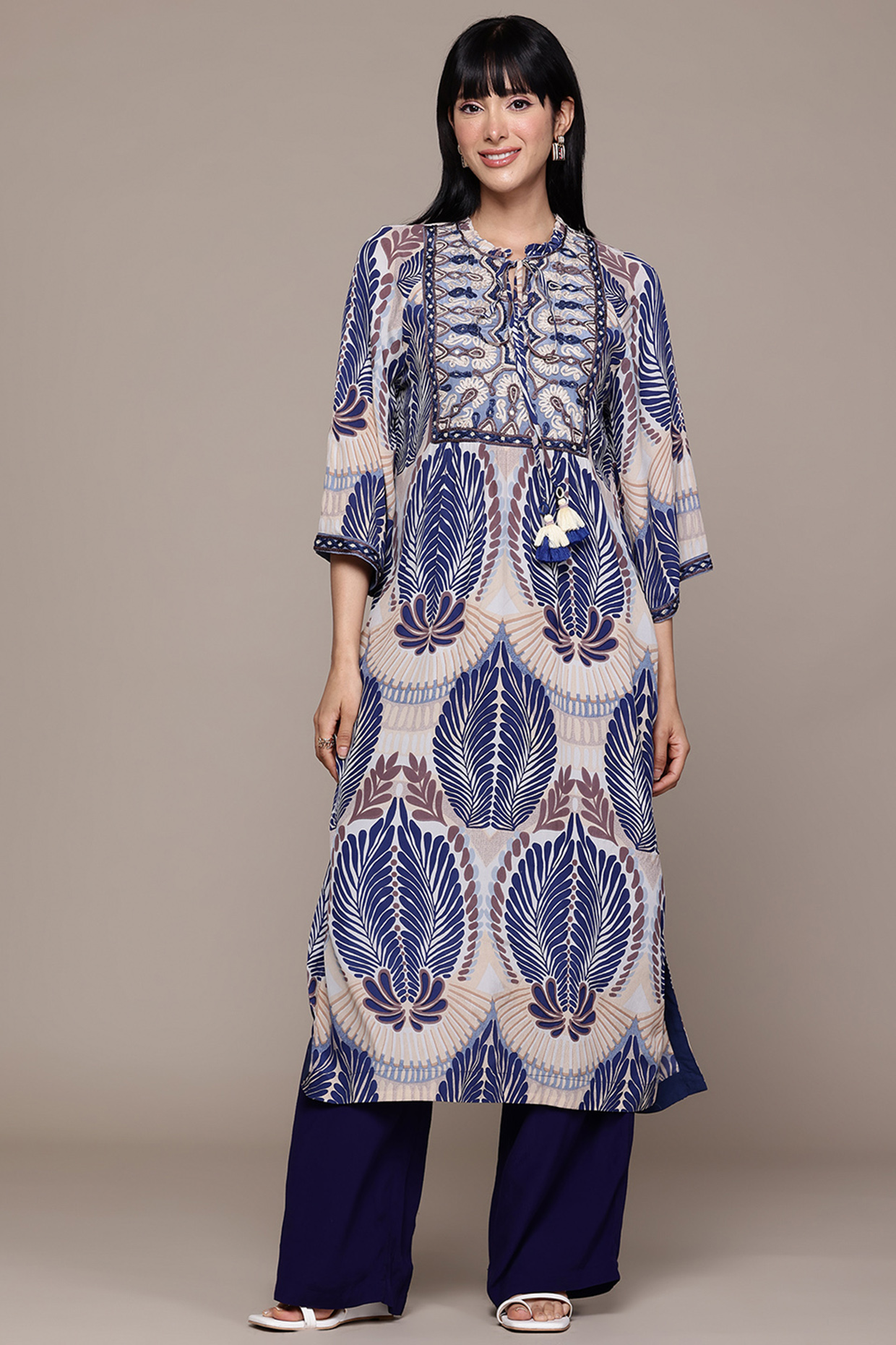 Beige Viscose Crepe Screen Printed Kurta Set by Ritu Kumar at Pernia's Pop Up Shop