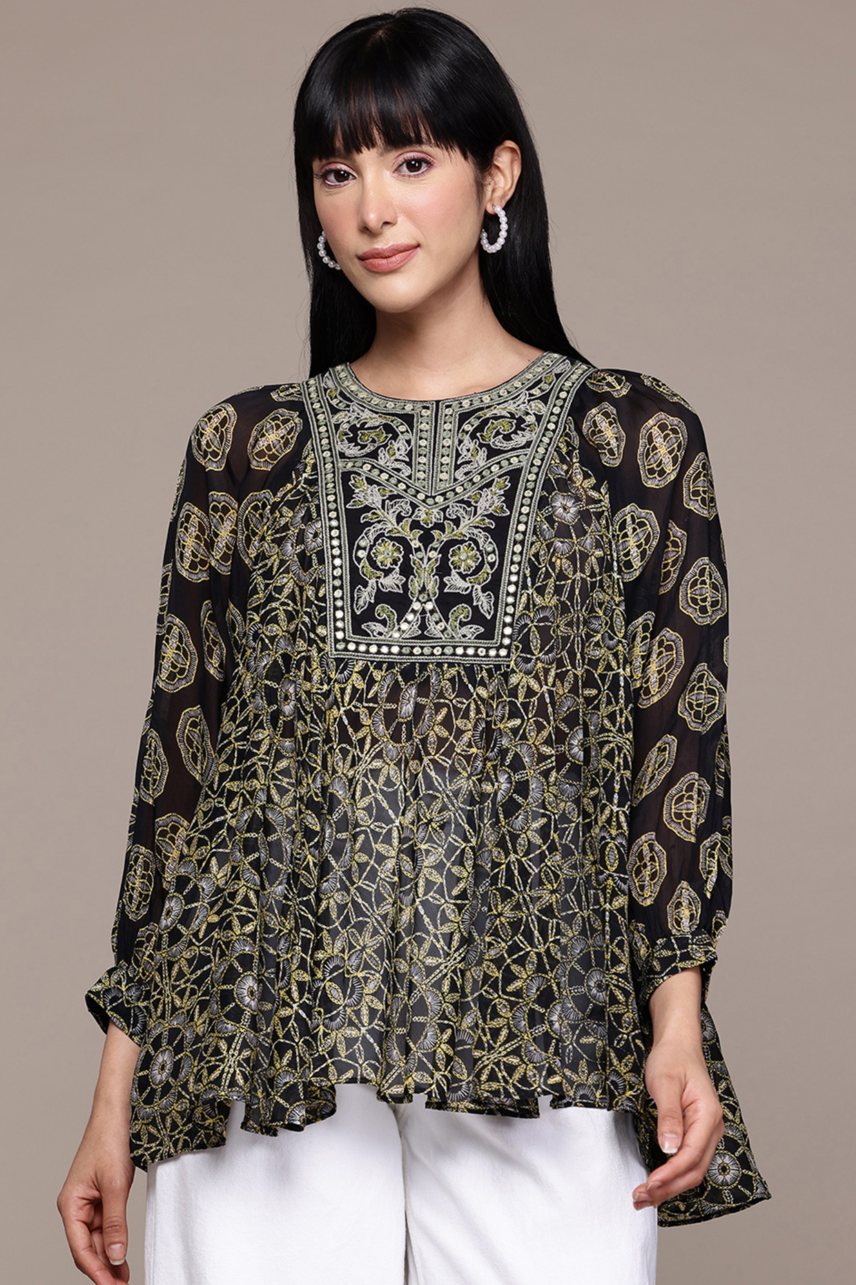 Black Viscose Chiffon Screen Printed Kurta by Ritu Kumar at Pernia's Pop Up Shop