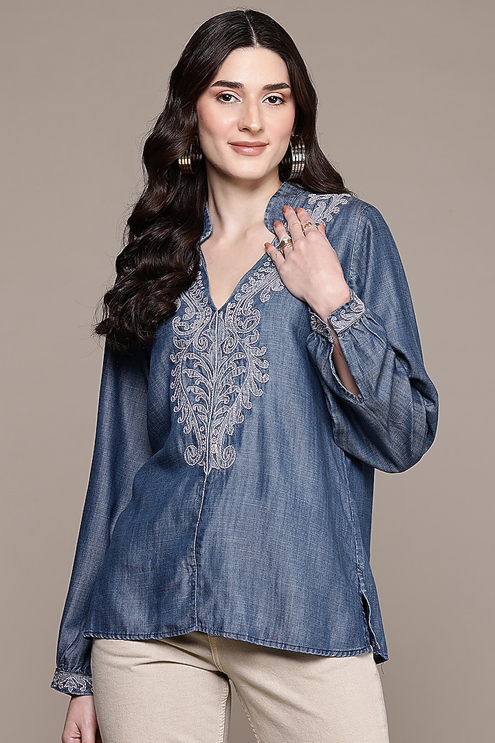 Blue Tencel Denim Top by Ritu Kumar at Pernia's Pop Up Shop