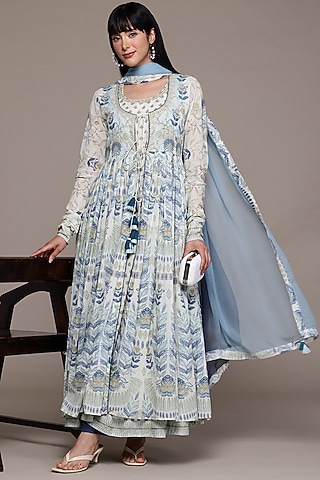 Off-White Cotton Voile Digital Printed Kurta Set by Ritu Kumar