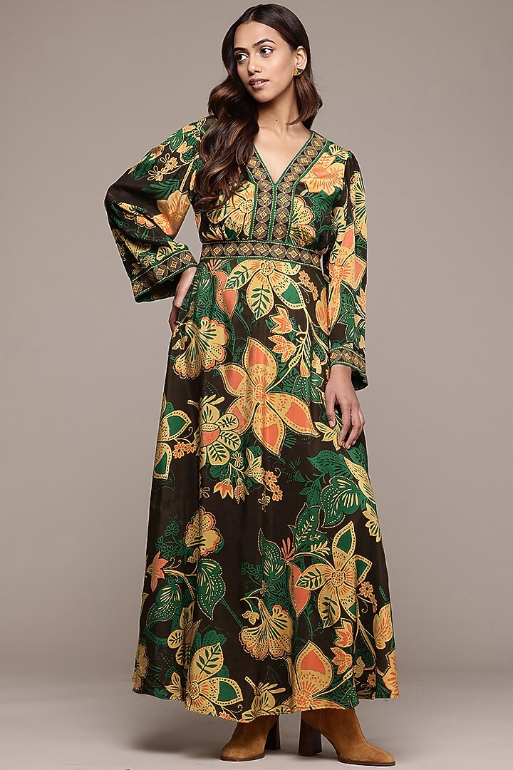 Coffee Brown Viscose Crepe Botanic Printed Summer Dress by Ritu Kumar at Pernia's Pop Up Shop