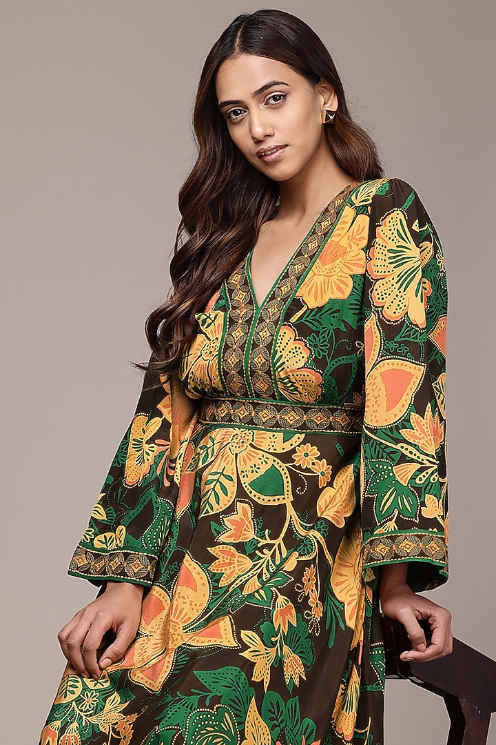 Coffee Brown Viscose Crepe Botanic Printed Summer Dress by Ritu Kumar at Pernia's Pop Up Shop