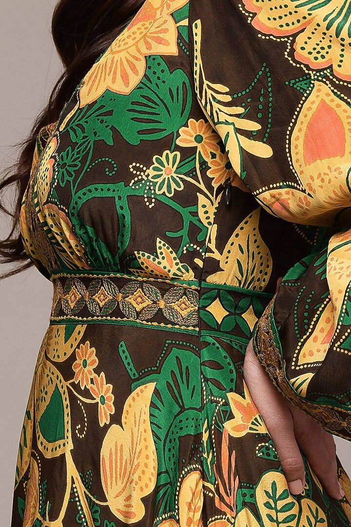 Coffee Brown Viscose Crepe Botanic Printed Summer Dress by Ritu Kumar at Pernia's Pop Up Shop