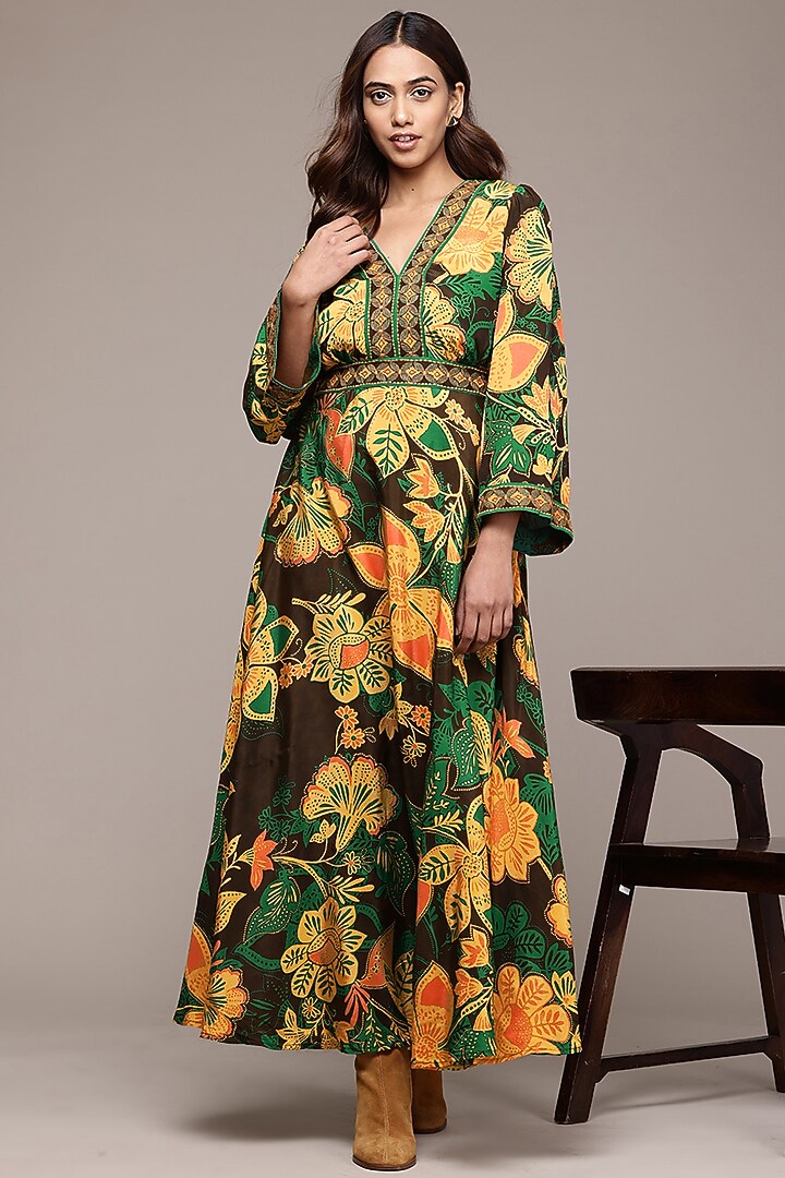 Coffee Brown Viscose Crepe Botanic Printed Summer Dress by Ritu Kumar at Pernia's Pop Up Shop