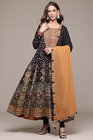 Black Cotton Voile Aztec Printed Kurta Set by Ritu Kumar