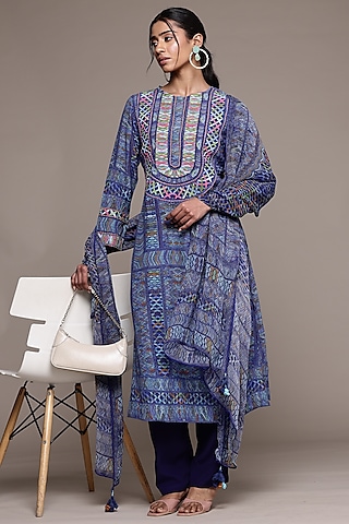 Blue Viscose Crepe Geometric Printed Kurta Set by Ritu Kumar