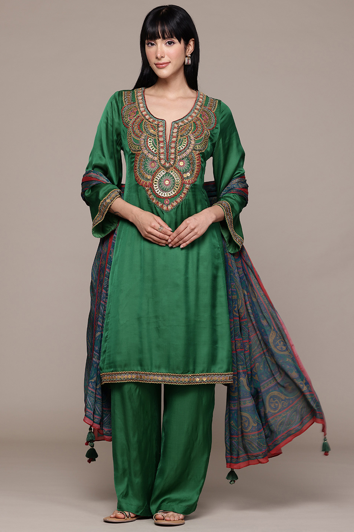 Green Satin Kurta Set by Ritu Kumar at Pernia's Pop Up Shop
