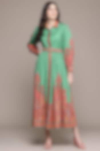 Green Cotton Satin Digital Printed A-Line Maxi Summer Dress by Ritu Kumar at Pernia's Pop Up Shop