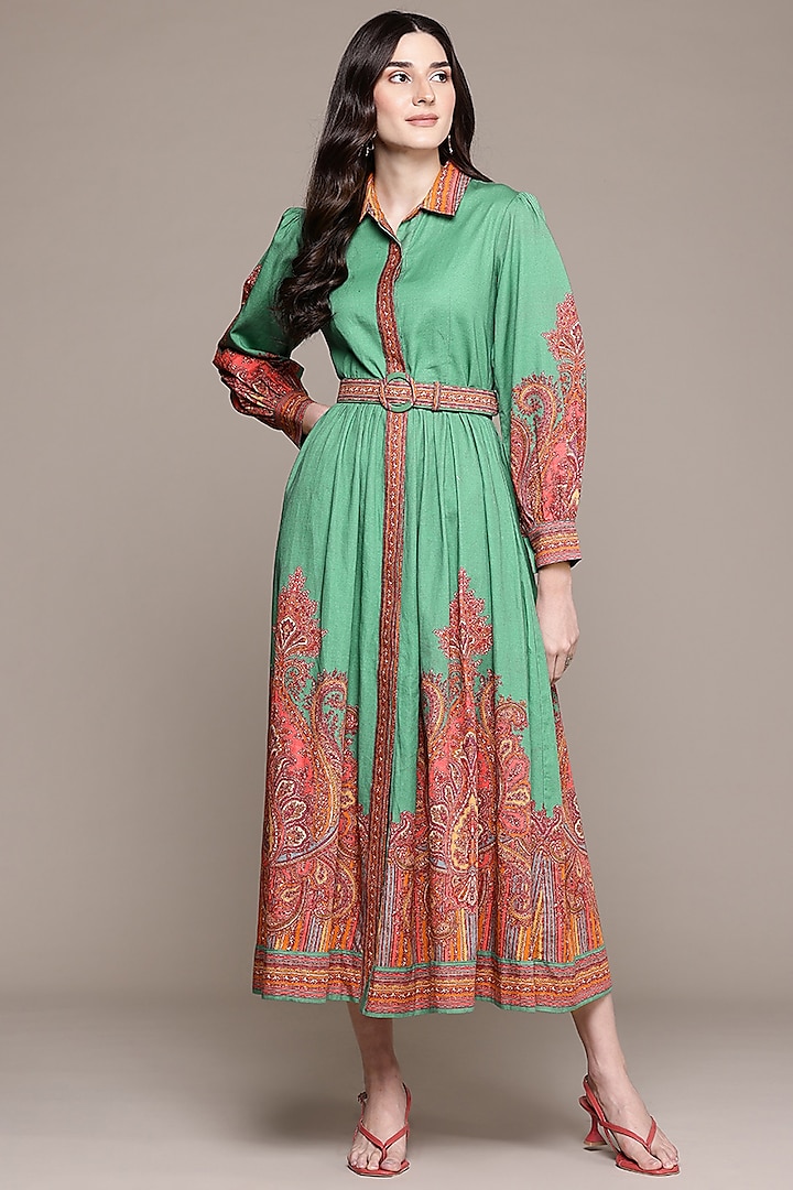 Green Cotton Satin Digital Printed A-Line Maxi Summer Dress by Ritu Kumar at Pernia's Pop Up Shop