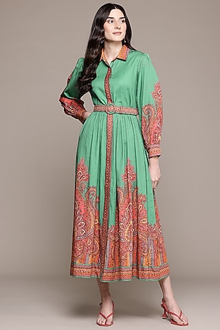 Green Cotton Satin Digital Printed A-Line Maxi Dress by Ritu Kumar