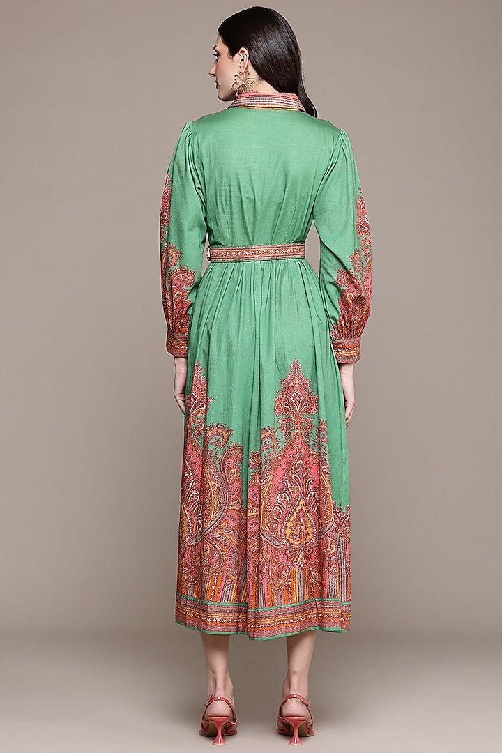ritu kumar green dress Olive Green Silk Printed Semi-Fitted Vacation Dress by Ritu Kumar at Pernia's Pop Up Shop 2026
