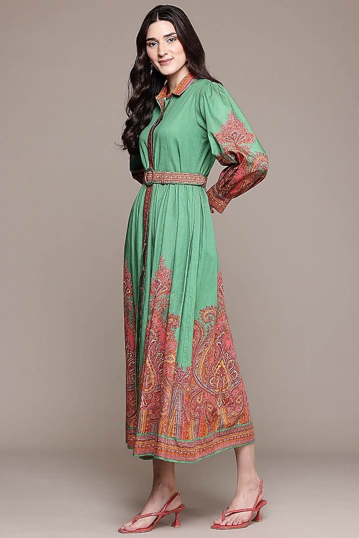 Green Cotton Satin Digital Printed A-Line Maxi Summer Dress by Ritu Kumar at Pernia's Pop Up Shop
