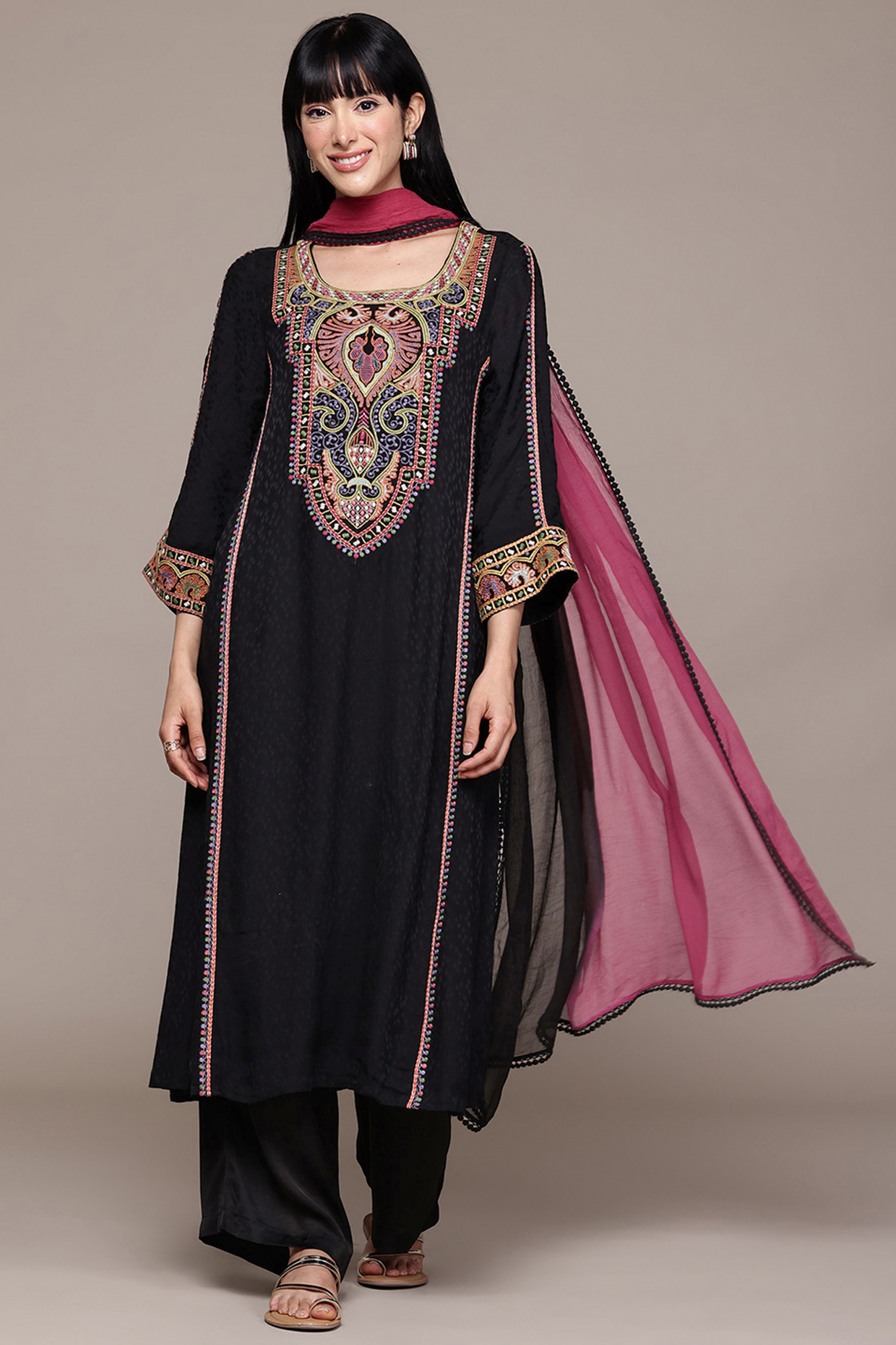 Black Viscose Dobby Kurta Set by Ritu Kumar at Pernia's Pop Up Shop