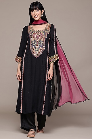 Black Viscose Dobby Kurta Set by Ritu Kumar