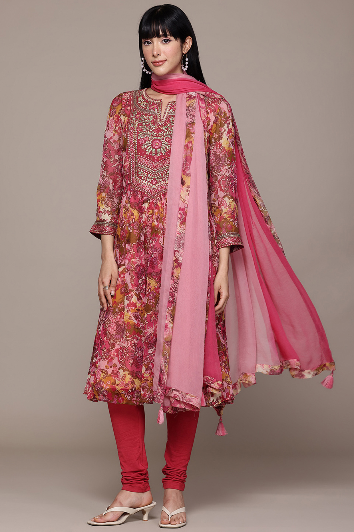 Pink Viscose Chiffon Screen Printed Kurta Set by Ritu Kumar at Pernia's Pop Up Shop