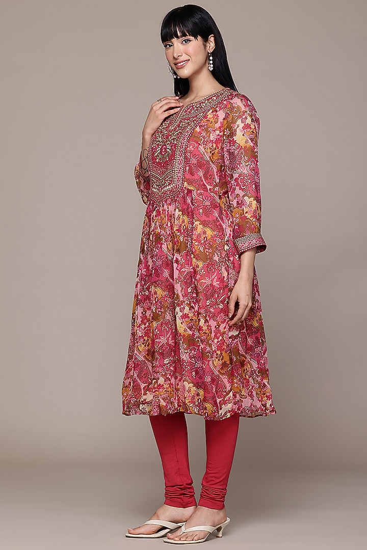 Pink Viscose Chiffon Screen Printed Kurta Set by Ritu Kumar at Pernia's Pop Up Shop