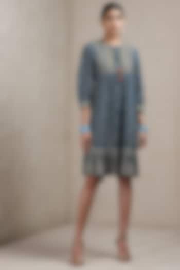 Teal Blue Embroidered & Printed Dress by Ritu Kumar