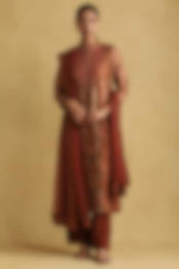 Rust & Multi-Colored Silk Hand Embroidered Kurta Set by Ritu Kumar at Pernia's Pop Up Shop