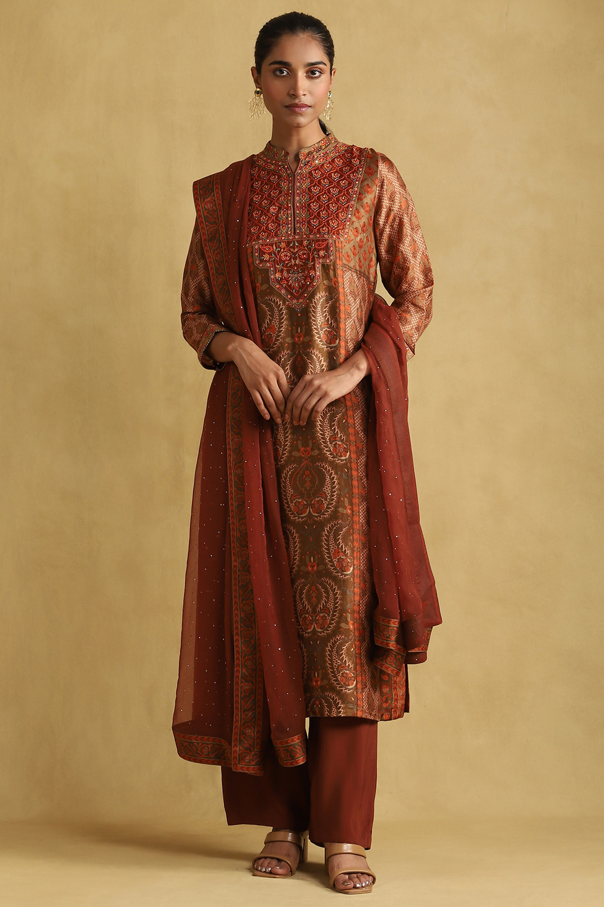 Rust & Multi-Colored Silk Hand Embroidered Kurta Set by Ritu Kumar at Pernia's Pop Up Shop