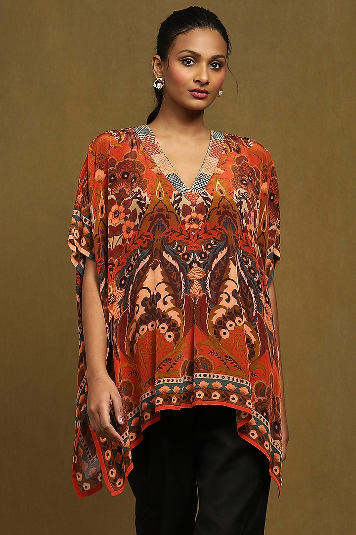 Rust & Multi-Colored Viscose Floral Mandala Printed Kurta by Ritu Kumar at Pernia's Pop Up Shop