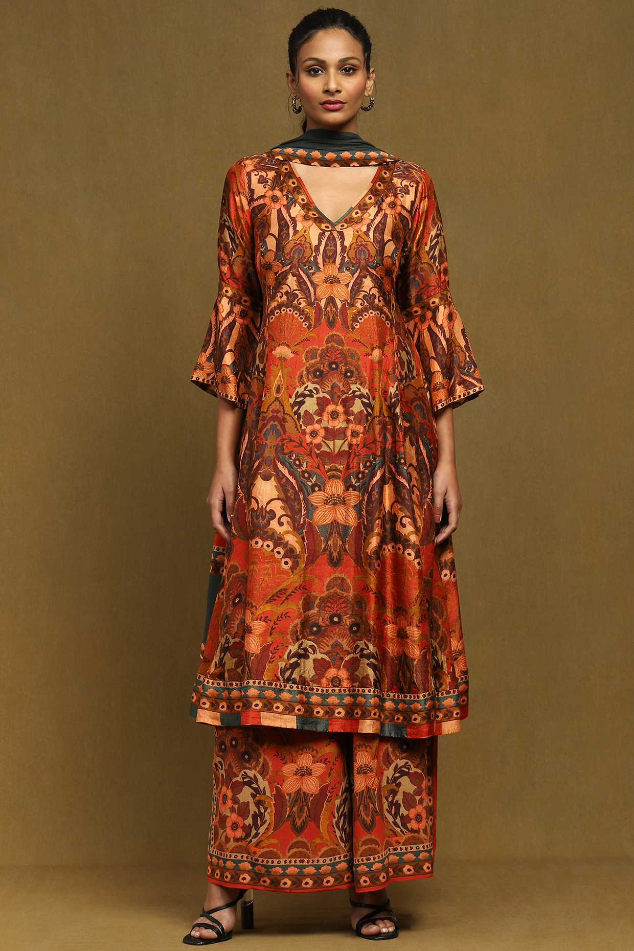 Rust & Multi-Colored Viscose Mandala Floral Printed Kurta Set by Ritu Kumar at Pernia's Pop Up Shop