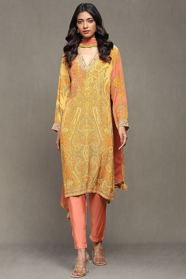 Yellow & Multi-Colored Viscose Machine & Hand Embroidered Kurta Set by Ritu Kumar