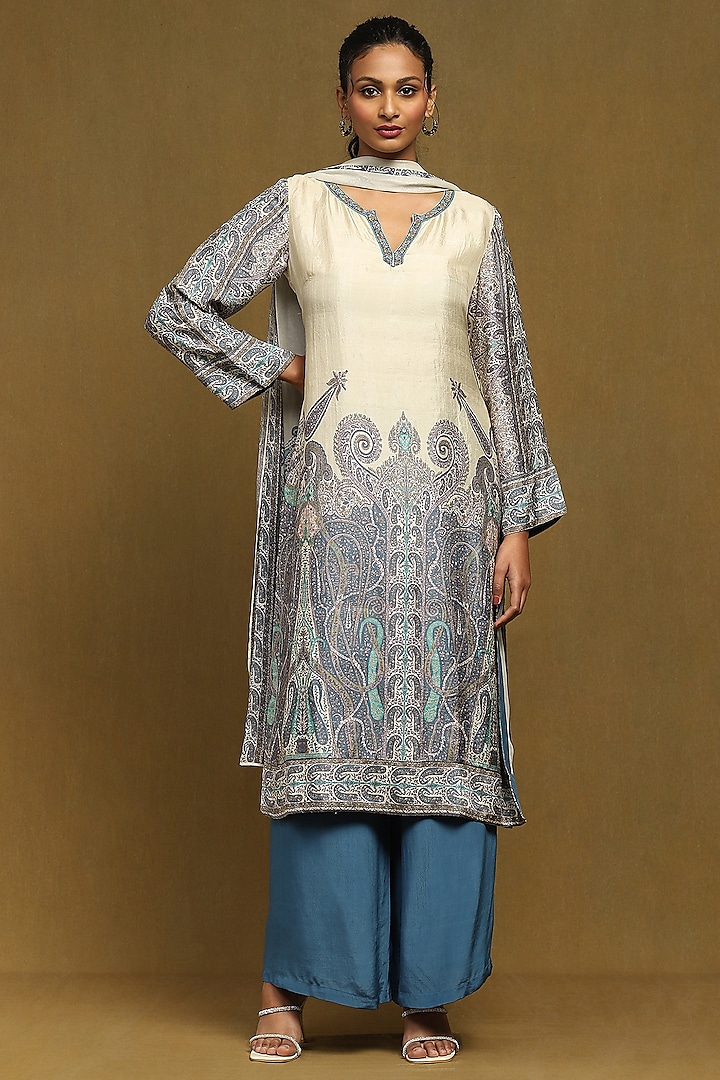 Off-White & Blue Silk Hand Embroidered Kurta Set by Ritu Kumar