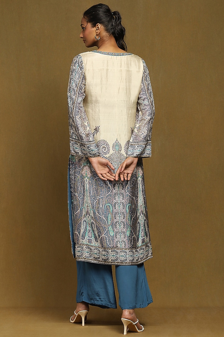 Off-White & Blue Silk Hand Embroidered Kurta Set by Ritu Kumar at Pernia's Pop Up Shop