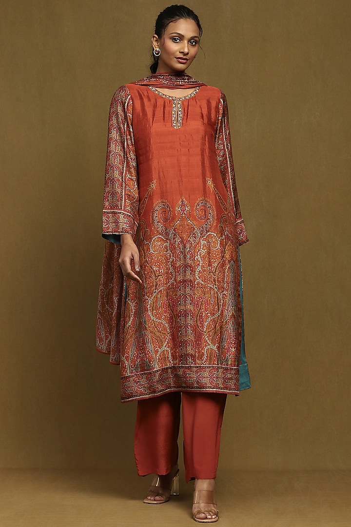 Rust Silk Hand Embroidered Kurta Set by Ritu Kumar