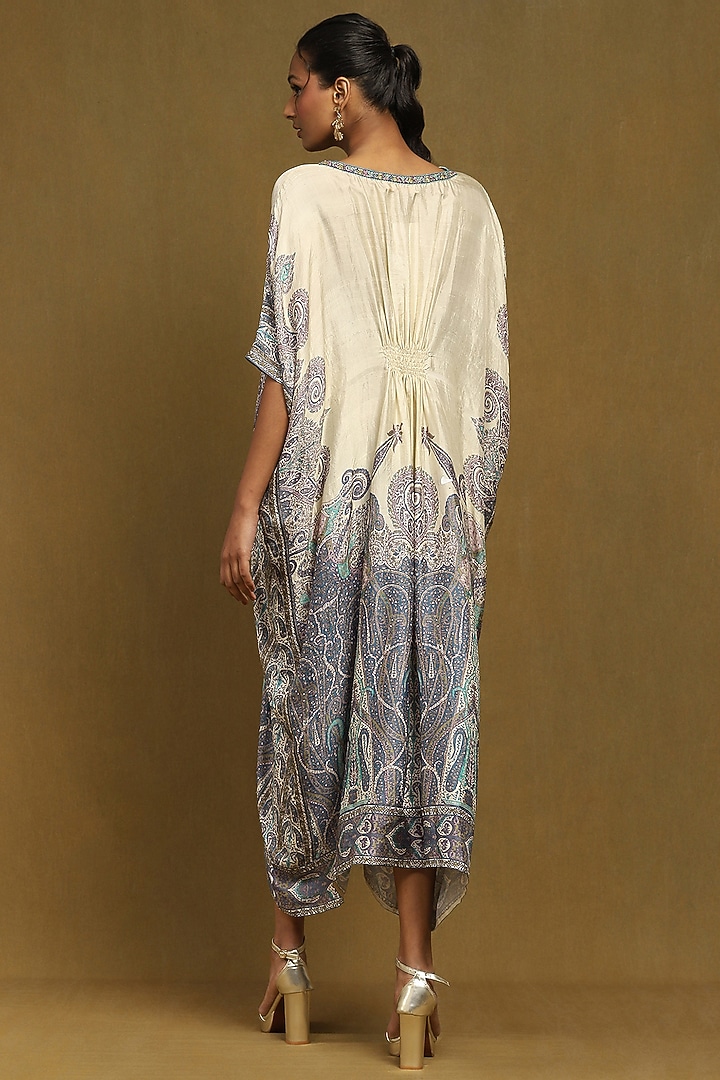 Off-White & Blue Silk Hand Embroidered Kaftan by Ritu Kumar at Pernia's Pop Up Shop