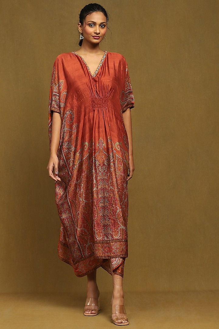 Rust & Multi-Colored Silk Hand Embroidered Kaftan by Ritu Kumar at Pernia's Pop Up Shop