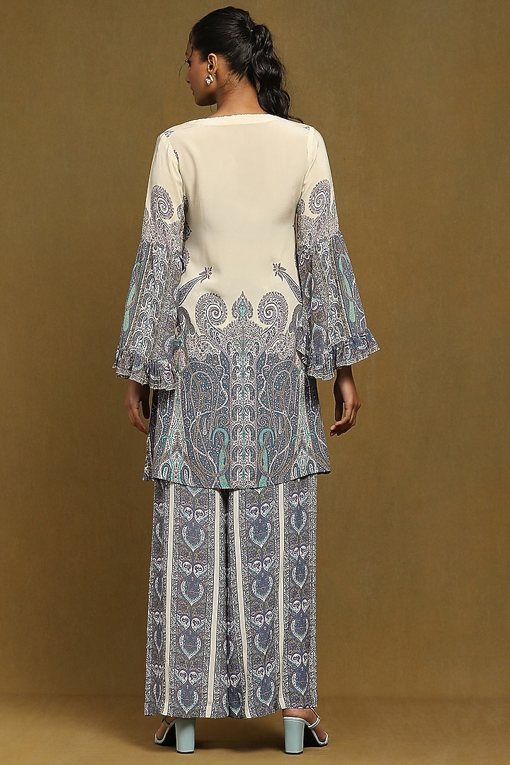 Off-White & Blue Silk Printed Kurta Set by Ritu Kumar at Pernia's Pop Up Shop